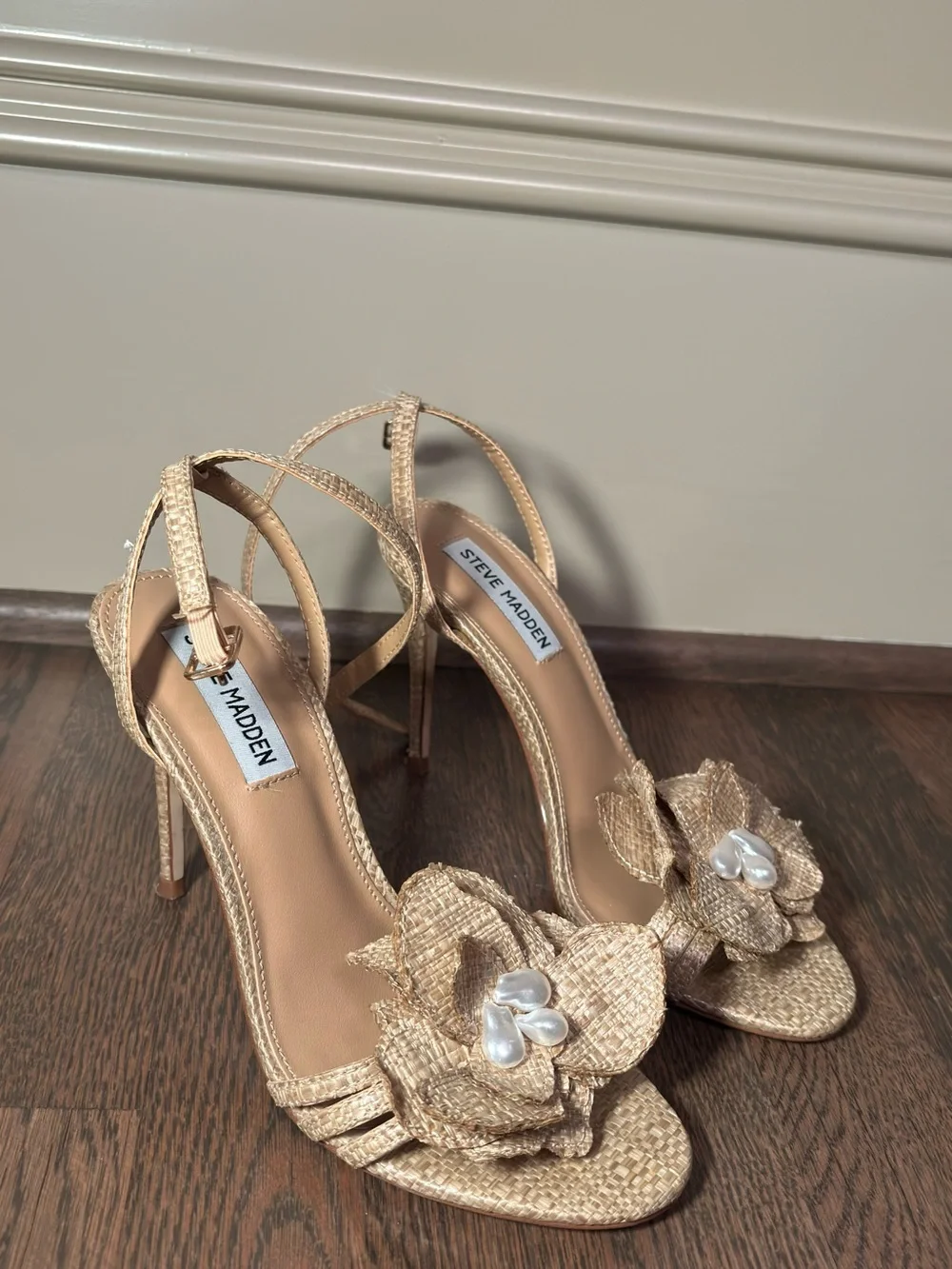 Steve Madden Tan Woven Floral Slingback Heels with Pearl Accents